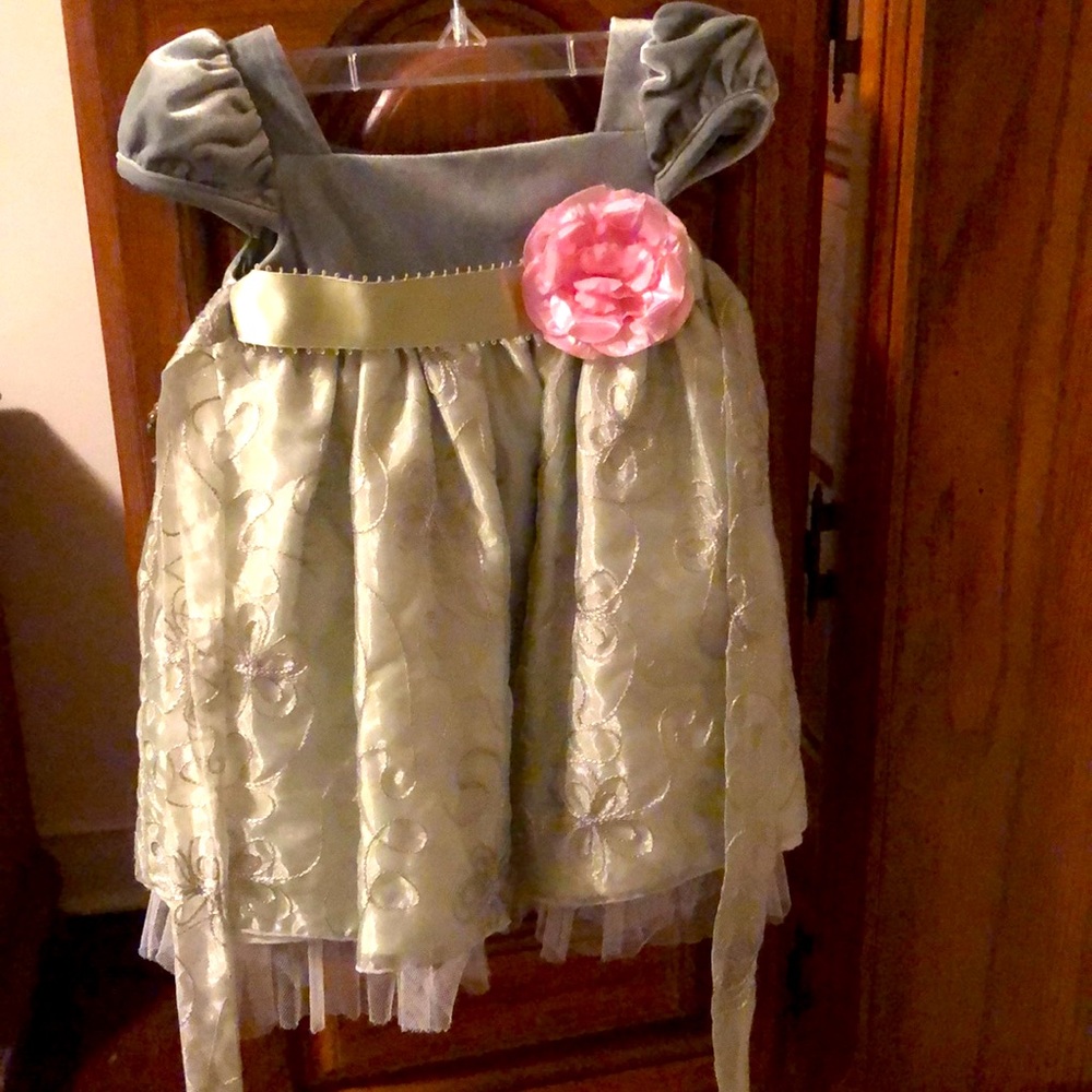 Princess Party dress for toddler in Light moss green velvet age 12 months